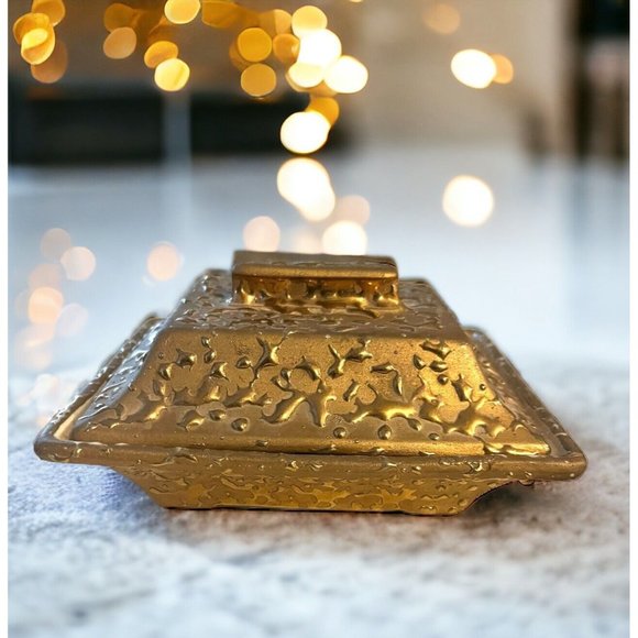 Weeping Gold Hand Decorated 22K Gold USA Square Trinket/Treasure/Candy Dish Lid - Picture 3 of 9